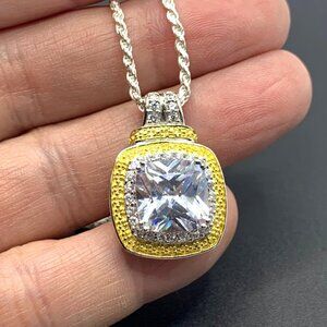 Solid 925 Sterling Silver 5CT Modified Square Cut CZ Pendant on 20" Rope Chain